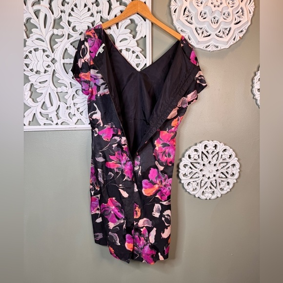 Banana Republic Watercolor Floral Sheath Dress 14 Linen Rayon Black Purple Zip - Picture 7 of 7